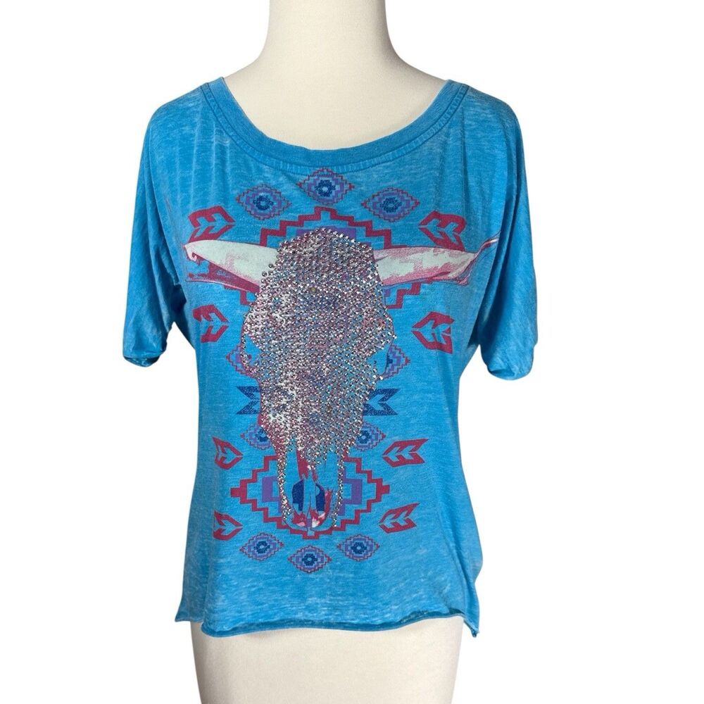 Rock N Roll Cowgirl Bling Long Horn Skull Western Turquoise Blue Burn Out Tee